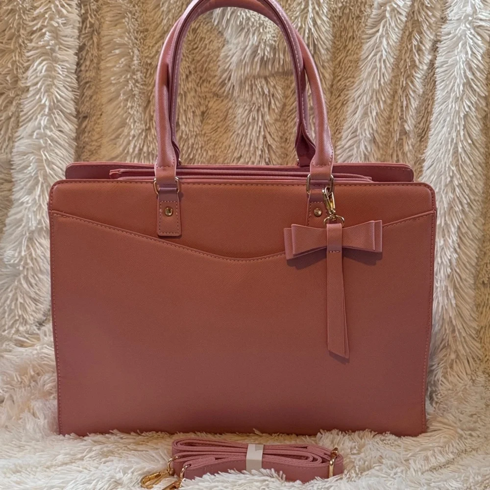 Rainsmore Waterproof Pink Laptop Bag/Brief Case Removable strap and Bow Tag
